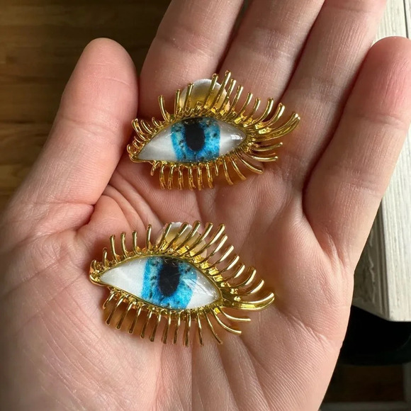 Anthropologie Gaze Blue Eyes Gold Abstract Protection Magic Earrings - Picture 8 of 9